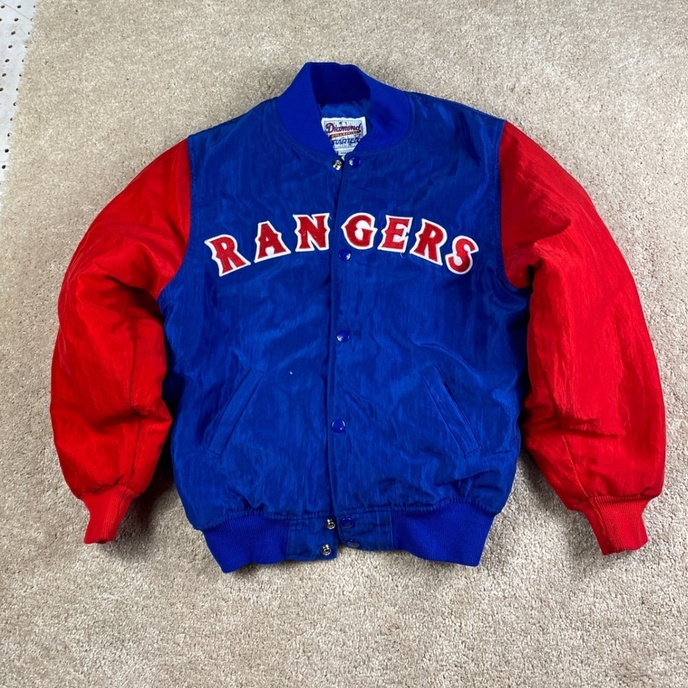 Vintage 90s Texas Rangers Starter Diamond Collection Satin Jacket Youth Blue Red